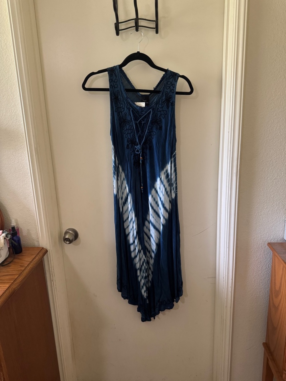 Sleeveless Navy Tie-Dye Maxi Dress with Embroidered Yoke size M